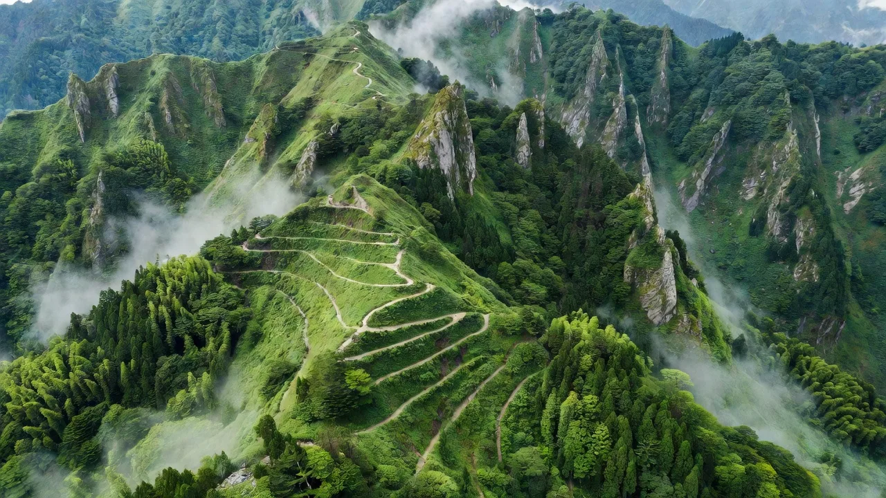 森を縫うように曲がる山道の空撮