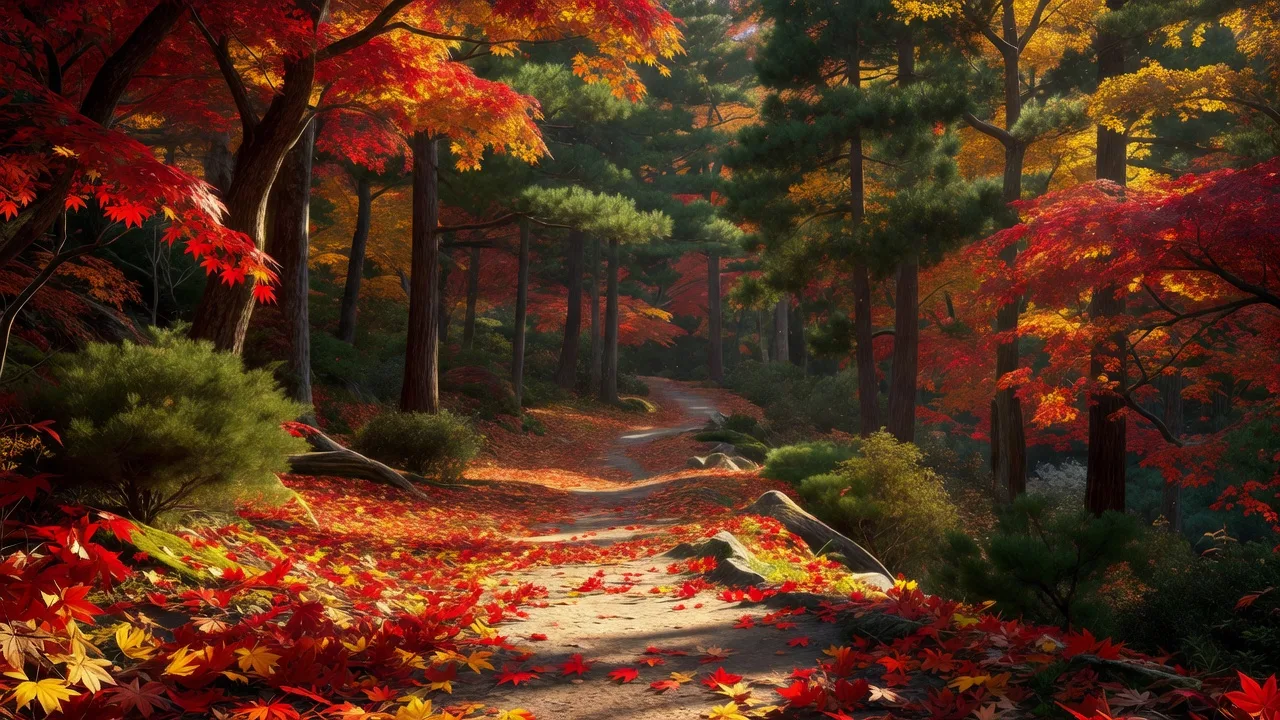 紅葉に染まる山道