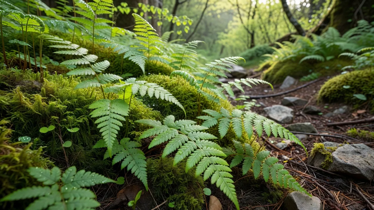 シダと苔に覆われた森の地面