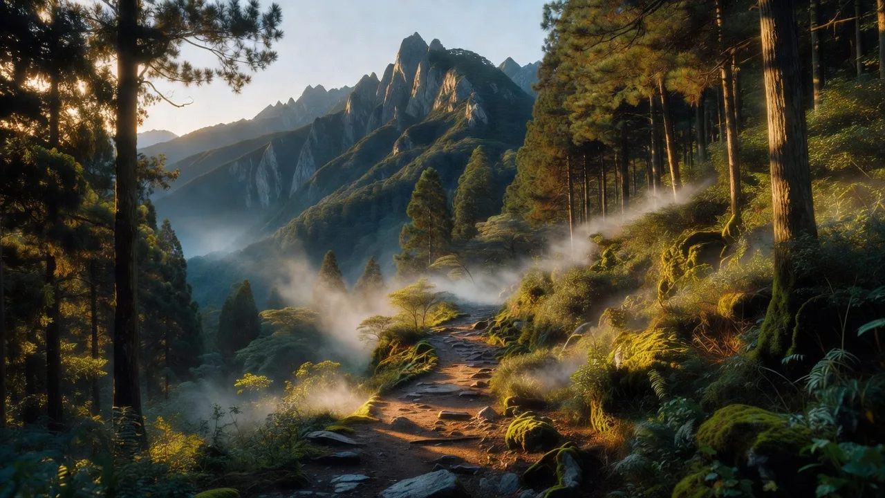 朝霧に包まれた稜線へ続く細い山道 - Lance Crest Path