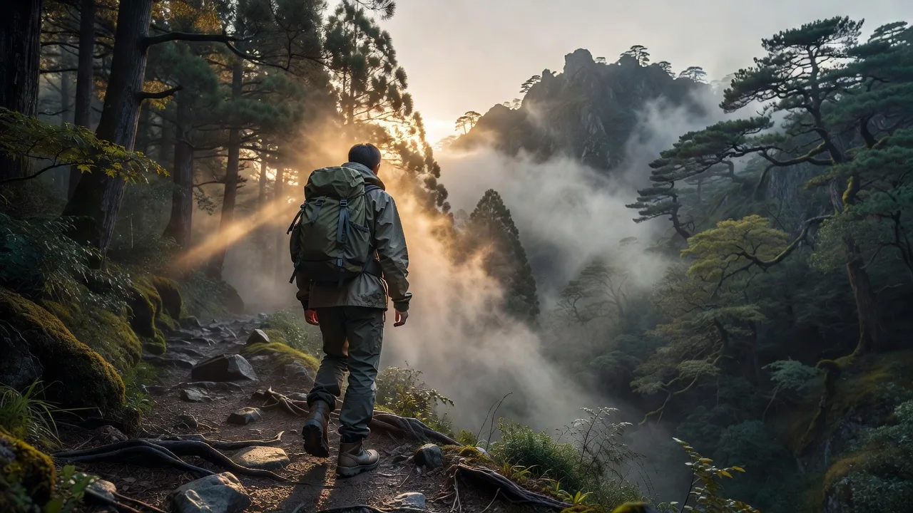 朝霧のトレイルを歩く旅人