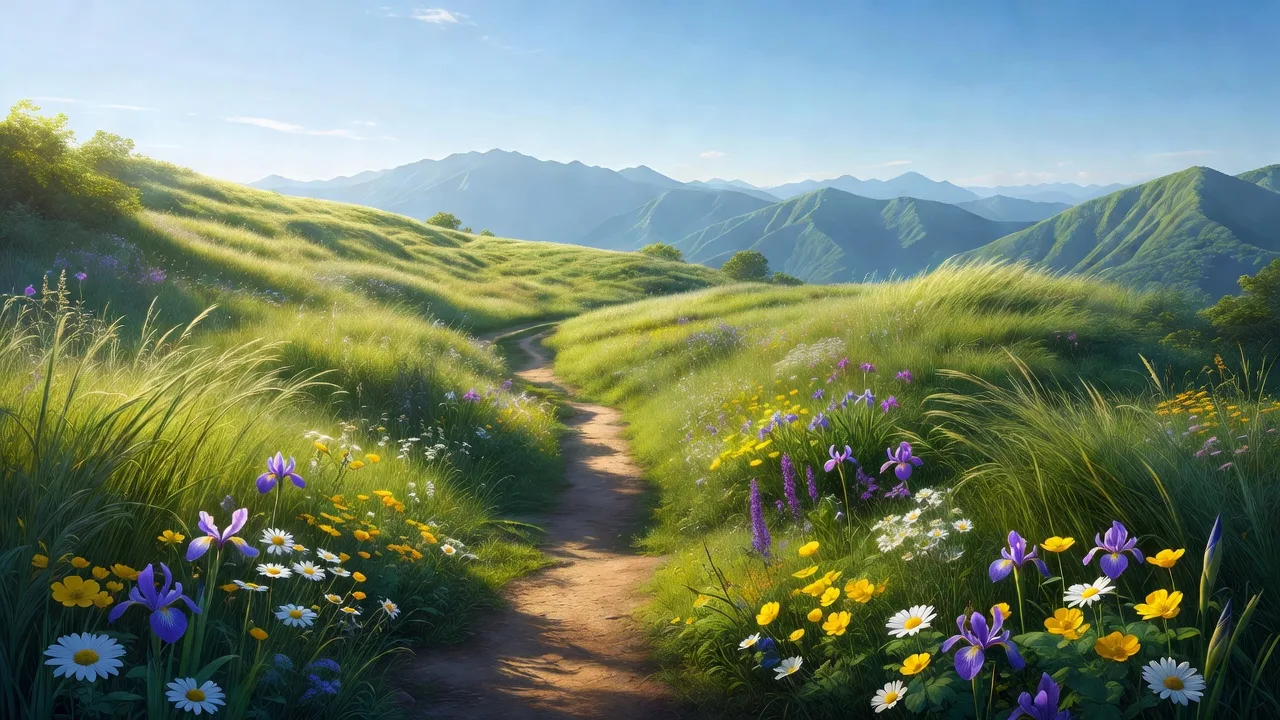 野花咲く山の草原のトレイル