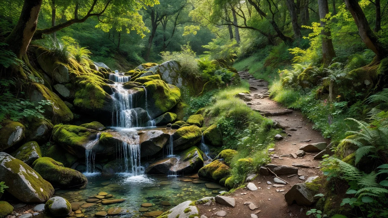 森の中の山の滝