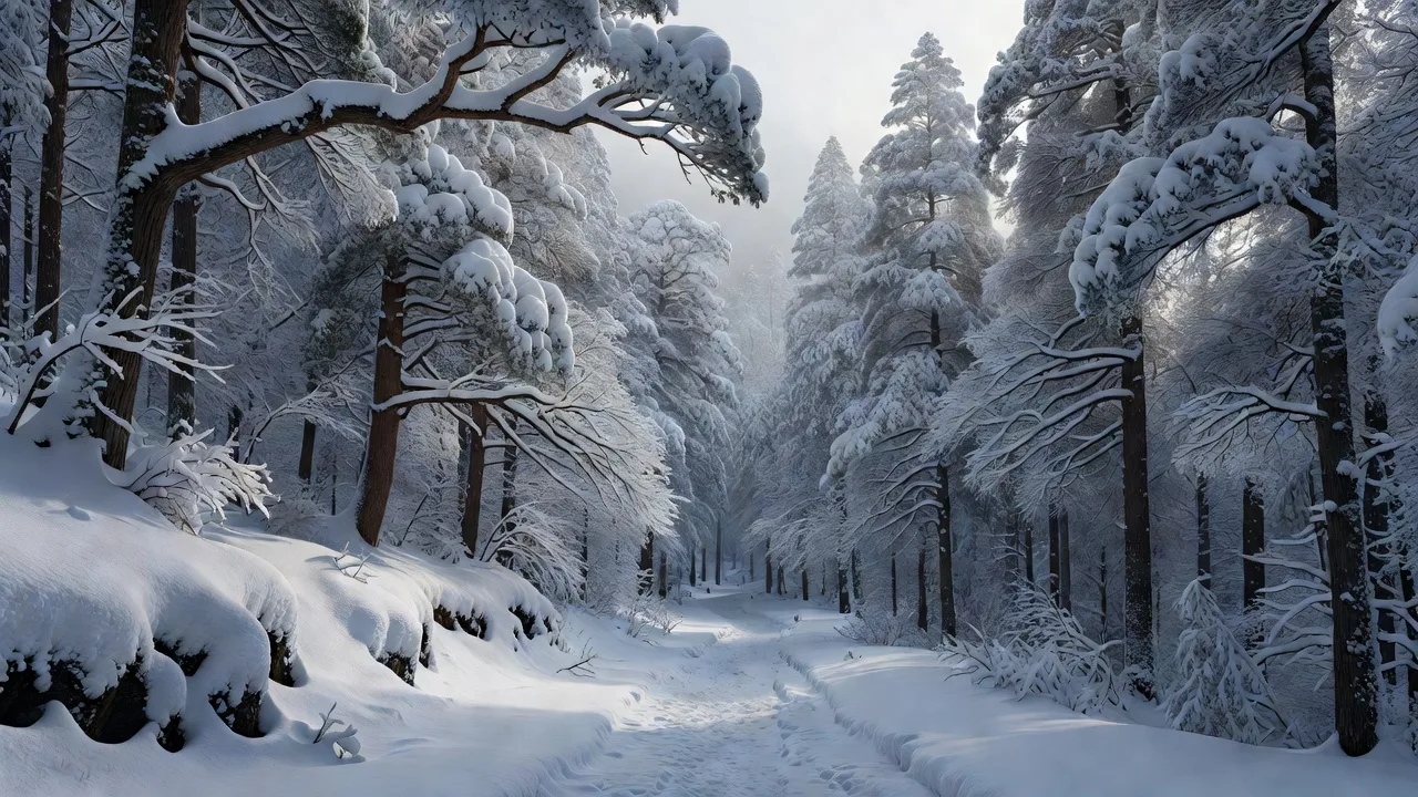 雪をまとう冬の森の道