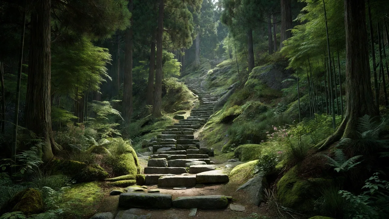 森の中に続く石段の山道