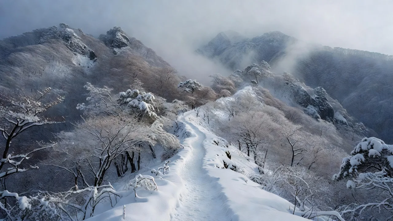 雪に覆われた冬の山道
